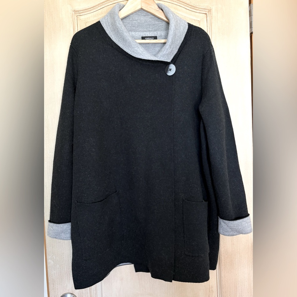 Jones & Co Women's Black Cardigan Merino Wool Blend Very Soft Fall Winter Pocket
